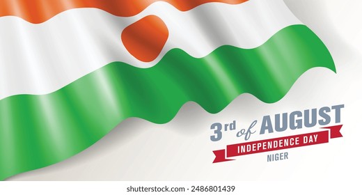 Niger independence day vector banner, greeting card. Nigerian wavy flag in 3rd of August national patriotic holiday horizontal design