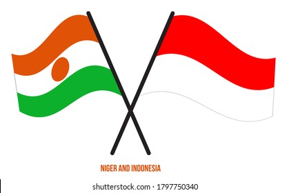 Niger and Indonesia Flags Crossed And Waving Flat Style. Official Proportion. Correct Colors.