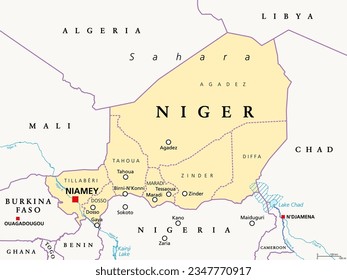 Niger, landlocked country in West Africa, political map with borders, regions, the capital Niamey and largest cities. The Republic of the Niger is a unitary state. Most of its area lies in the Sahara.