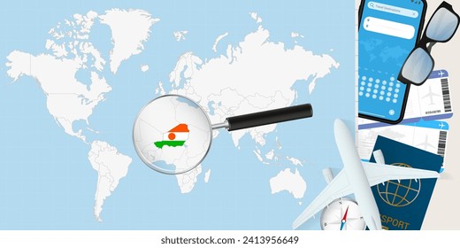 Niger is magnified over a World Map, illustration with airplane, passport, boarding pass, compass and eyeglasses. Vector illustration.