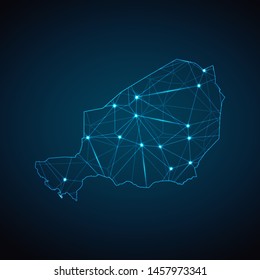 Niger Map - Abstract geometric mesh polygonal network line, structure and point scales on dark background with lights in the form of cities. Vector illustration eps 10.