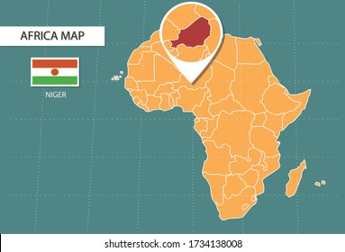 Mapa nigerino con versión zoom en África, iconos que muestran la ubicación y banderas de Níger.