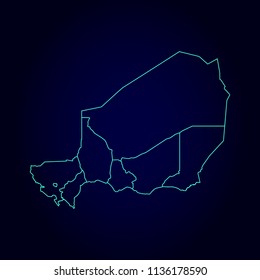 Niger map: blue glitter outline with sparkling stars on dark background. Detailed map of Niger. Vector illustration.