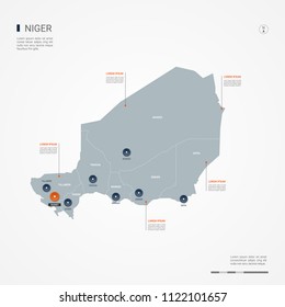 Niger map with borders, cities, capital Niamey and administrative divisions. Infographic vector map. Editable layers clearly labeled.