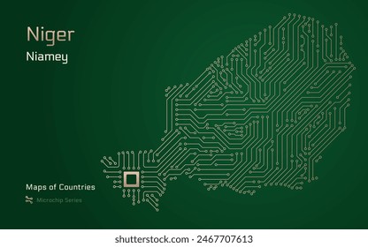 Niger Karte mit der Hauptstadt Niamey in einem Mikrochip mit Prozessor gezeigt. E-Government. In: World Countrys Vektorgrafik Maps. Mikrochipserie	