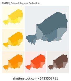 Colección de mapas de Níger. Forma de país con regiones de color. Gris azul, amarillo, ámbar, naranja, naranja profundo, marrón paletas de color. Frontera de Níger con provincias para su infografía. Ilustración vectorial.
