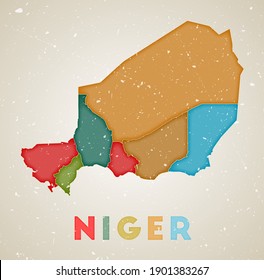 Mapa de Níger. Afiche del país con regiones de colores. Vieja textura gruesa. Ilustración vectorial de Níger con nombre de país.