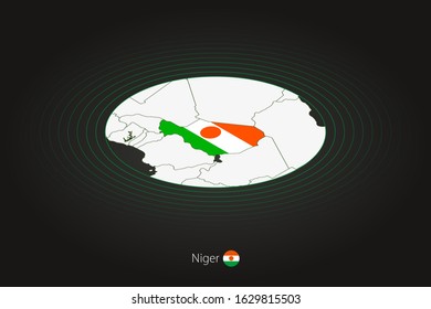 Niger map in dark color, oval map with neighboring countries. Vector map and flag of Niger
