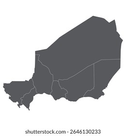 Niger map divided seven regions. Map of Niger regions in grey color