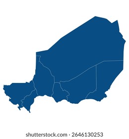 Niger map divided seven regions. Map of Niger regions in blue color
