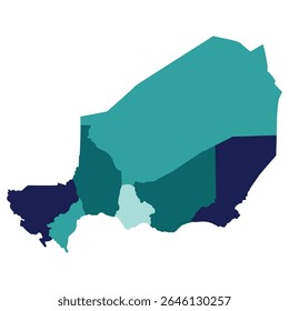 Niger map divided seven regions. Map of Niger regions in multicolor