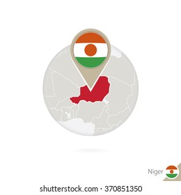 Niger map and flag in circle. Map of Niger, Niger flag pin. Map of Niger in the style of the globe. Vector Illustration.