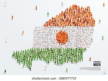 Niger Map and Flag. A large group of people in the Niger flag color form to create the map. Vector Illustration.