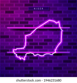 Niger map glowing neon lamp sign. Realistic vector illustration. Country name plate. Purple brick wall, violet glow, metal holders.