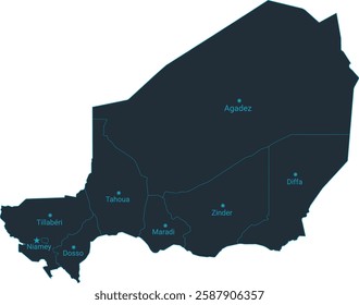 Niger map high detailed with administrative divide by state, capital cities names, outline simplicity style. Vector illustration EPS10.