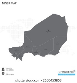 Mapa de Níger alto detallado con las regiones y ciudades del país sobre fondo blanco. Ilustración vectorial EPS10.
