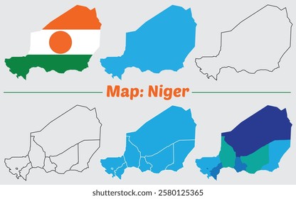 Niger map. internal borders marked, Simple map of Niger vector drawing, Filled and outline. flag map.