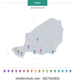 Niger map with location pointer marks. Infographic vector template, isolated on white background. 
