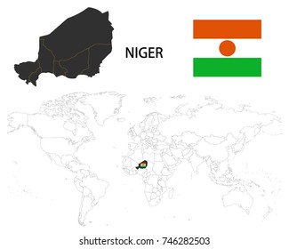 Niger map on a world map with flag on white background.