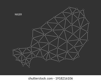 Niger Map Point scales on black background. Wire frame polygonal network white line, dot and shadow dot.