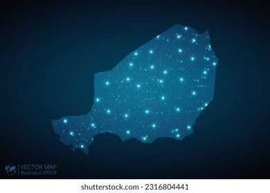 Mapa nigerino de patrones radiales punteados en estilo futurista, diseño de contorno de círculo azul brillante hecho de estrellas. concepto de comunicación sobre fondo azul oscuro. EPS10 vectores