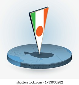 Niger map in round isometric style with triangular 3D flag of Niger, vector map in blue color. 