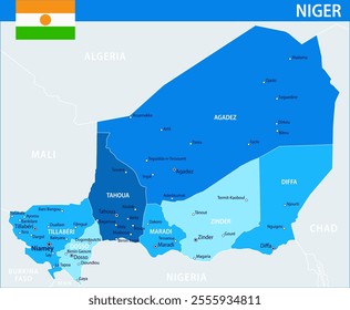 Niger Map Vector Blue Spot - Customizable layered political map of Niger with administrative divisions for website, education, reports, news, politics, print, poster and wallpaper
