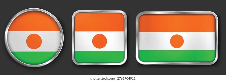 NIGER Metallic Flag Collection, Circular, Square and Rectangular NIGER Flag Badges Set