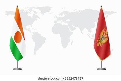 Niger and Montenegro flags for official meeting against background of world map.