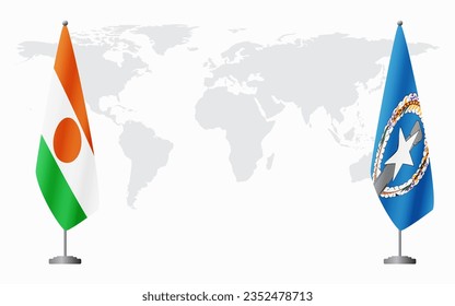 Niger and Northern Mariana Islands flags for official meeting against background of world map.