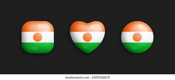 Niger Official National Flag 3D Vector Glossy Icons In Rounded Square, Heart And Circle Form Isolated On Background. Nigerian Sign And Symbols Graphic Design Elements Volumetric Buttons Collection