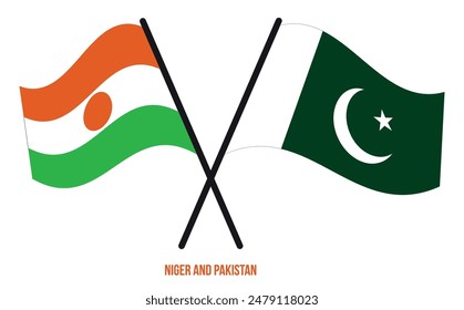 Niger and Pakistan Flags Crossed And Waving Flat Style. Official Proportion. Correct Colors.