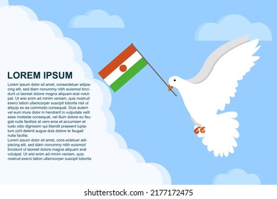Niger peace concept with text area, Dove of Peace bird with Niger flag in its beak, dove flying in the clouds, vector illustration design, Niger peace day template, freedom idea