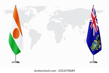 Niger and Pitcairn Islands flags for official meeting against background of world map.