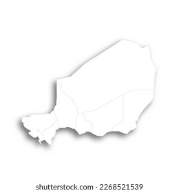 Niger political map of administrative divisions - regions and capital city of Niamey. Flat white blank map with thin black outline and dropped shadow.