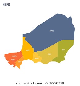 Niger political map of administrative divisions - regions and capital city of Niamey. Colorful spectrum political map with labels and country name.