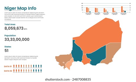 Niger political map of administrative divisions states, Colorful states in Niger map infographic, Niger Map Info, Niger Population.