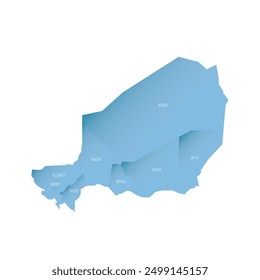 Niger political map of administrative divisions - regions and capital city of Niamey. Shaded vector map with 3D-like blue gradient and name labels