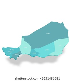Mapa político do Níger de divisões administrativas - regiões e capital de Niamey. Mapa de vetor turquesa 3D com rótulos de nome.