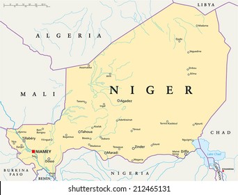Niger Political Map with capital Niamey, national borders, most important cities, rivers and lakes. Illustration with English labeling and scaling.
