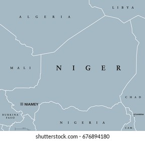 Niger political map with capital Niamey, international borders and neighbors. Republic and landlocked country in West Africa. Gray illustration. English labeling. Vector.