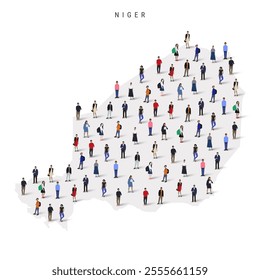 Niger population map. Large group of realistic a diverse crowd of people figures in a shape of Nigerian map. Flat vector illustration isolated on white.