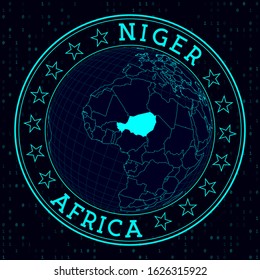 Niger Round Sign. Futuristic Satelite View Of The World Centered To Niger. Country Badge With Map, Round Text And Binary Background. Artistic Vector Illustration.