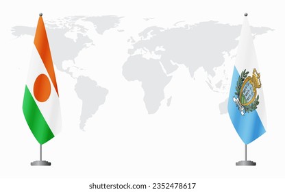 Niger and San Marino flags for official meeting against background of world map.