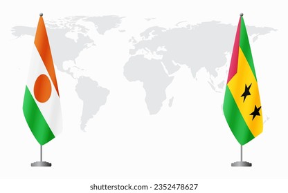 Niger and Sao Tome and Principe flags for official meeting against background of world map.