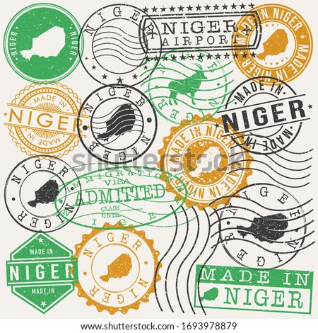 Niger Set of Stamps. Travel Passport Stamps. Made In Product. Design Seals in Old Style Insignia. Icon Clip Art Vector Collection.