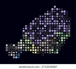 Níger, la forma del país se construye con células de color. Mapa de estilo digital del Níger sobre fondo oscuro. Bloques cuadrados redondeados de tamaño Grande. Ilustración vectorial con estilo.