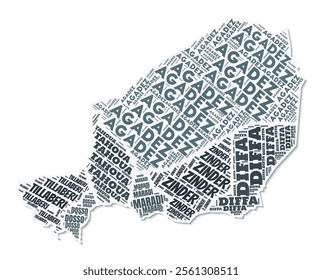 Niger shape text cloud. Country border with shadow on white background. Niger with regions division in vintage gazette style. Artistic vector illustration.