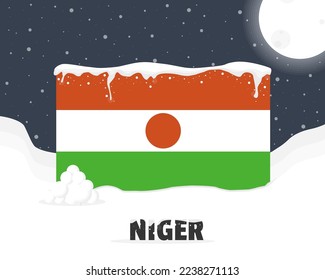 Niger snowy weather concept, cold weather and snowfall, Niger weather forecast winter banner idea, snow cap on flag with snowballs and moon, blizzard and adverse weather conditions