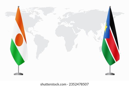 Niger and South Sudan flags for official meeting against background of world map.